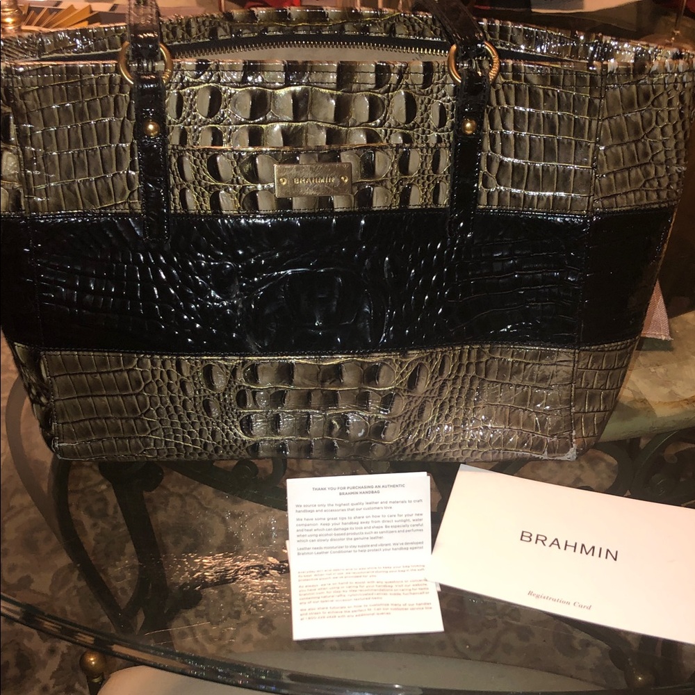 Brahmin Crocodile Embossed Tote in Tan and Black